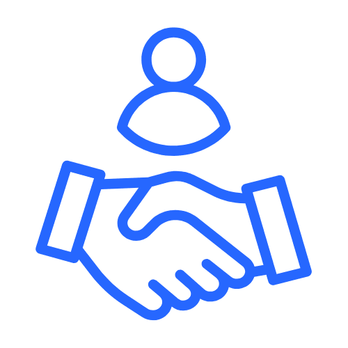 Icona blu di una stretta di mano sotto la figura stilizzata di una persona, simbolo di collaborazione o accordo professionale