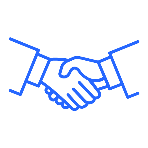 Icona blu di una stretta di mano, rappresentazione della collaborazione o di un accordo.
