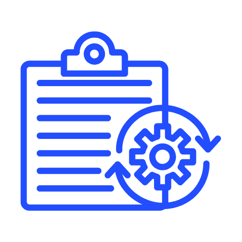 Icona blu di una lista su clipboard con un ingranaggio, simbolo di gestione o processo operativo.