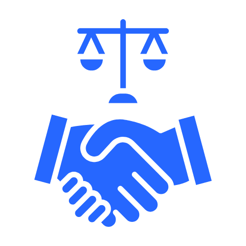 Icona che mostra due mani che si stringono in una stretta di mano sotto una bilancia della giustizia, a simboleggiare l'assistenza legale e la risoluzione in caso di controlli e reclami sulla sicurezza sul lavoro legata alla privacy GDPR a Torino.