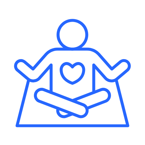 Icona che raffigura una figura stilizzata in posizione meditativa con un cuore, a rappresentare la riduzione dello stress legato ad una buona consulenza sulla privacy e al conseguente aumento della sicurezza sul luogo di lavoro.