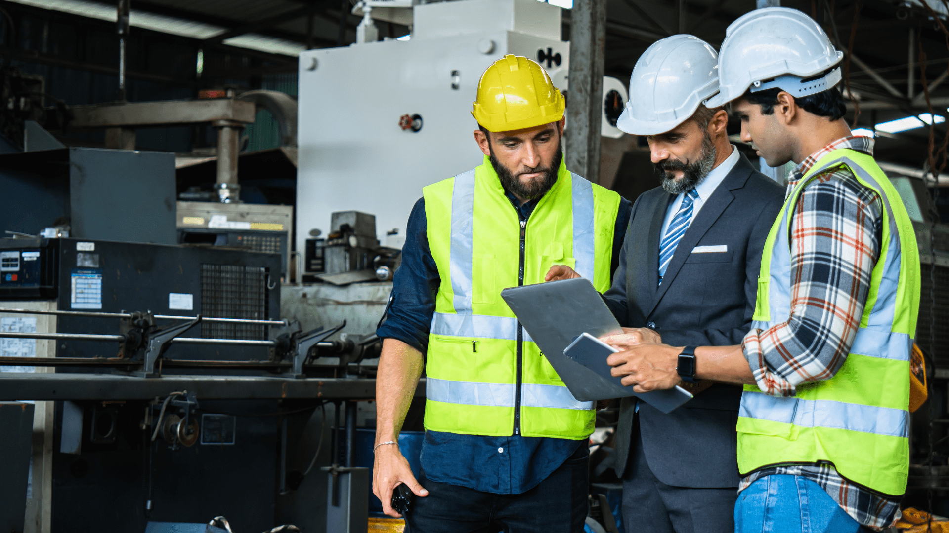 Consulente e operai discutono misure di sicurezza sul lavoro in un impianto industriale a Torino, indossando caschi e giubbotti ad alta visibilità.