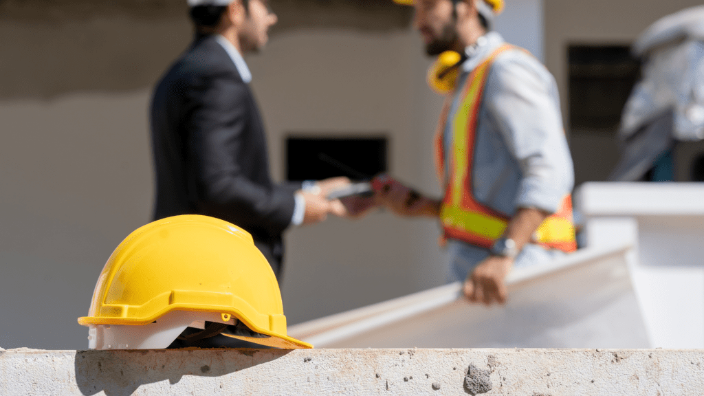 Casco antinfortunistico giallo, appoggiato su un muretto in primo piano; In secondo piano un consulente e un operatore in un cantiere durante una consulenza sulla sicurezza sul lavoro a Torino