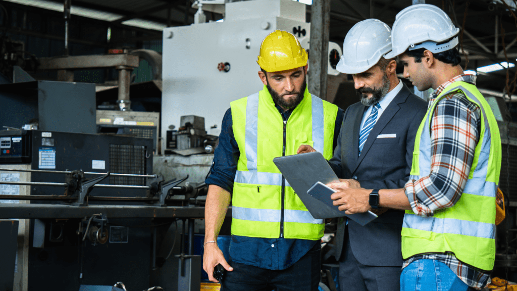 Consulente Net Srl e operai discutono misure di sicurezza sul lavoro in un impianto industriale a Torino, indossando caschi e giubbotti ad alta visibilità.
